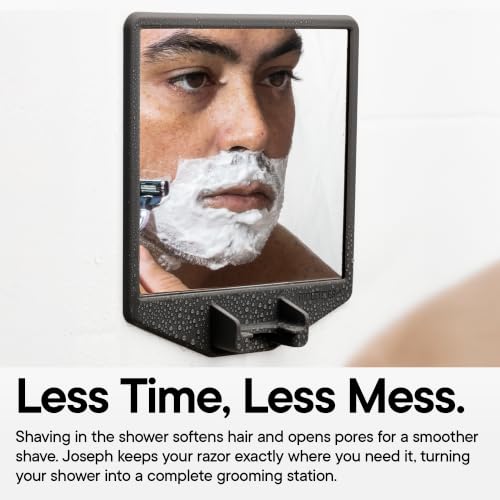 TOOLETRIES The Joseph Shower Mirror for Shaving and Razor Holder - Charcoal | Fog-reducing shower mirror with an integrated silicone razor holder and reusable wall mount.