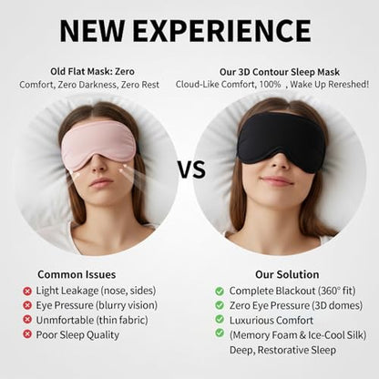 3D Contoured Sleep Mask with Reusable Hot Cold Gel Insert, Black Zero Pressure Memory Foam Light Blocking Eye Cover, Adjustable Strap Travel Nap Eye Mask for Adult Daily Rest