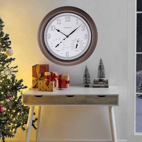 18" Illuminated Outdoor Atomic Analog Clocks Waterproof,IP65 Rating | Auto DST Adjust, Built In Adjustable Thermometer & Hygrometer, Bronze, Accurate & Easy to Read for Patio,Pool & Garden