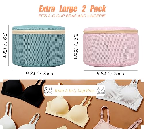 Bra Washing Bag for Delicates, Shape-Retaining, 2 Pack Lingerie Laundry Bag | Mesh Fabric with Support Plates, Prevents Bra & Lingerie Deformation During Washing, X-Large Green- Pink, 9.8" x 6"