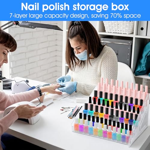2 Pack Acrylic Nail Polish Organizer 84 Bottles of 7 Layers Acrylic Display Rack Clear Nail Polish Paint Organizer Holder Rack Eyeglasses Shelf Essential Oils Holder Stand No Tool Needed Assembly