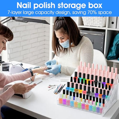 2 Pack Acrylic Nail Polish Organizer 84 Bottles of 7 Layers Acrylic Display Rack Clear Nail Polish Paint Organizer Holder Rack Eyeglasses Shelf Essential Oils Holder Stand No Tool Needed Assembly