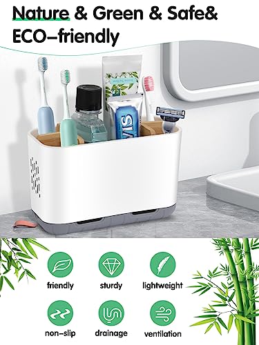 Toothbrush Holders for Bathrooms - Bamboo Divider... (White-l | Bamboo, Plastic)