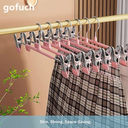 Pants Hangers with Clips - 8 Pack Heavy Duty, Non-Slip Adjustable Space Saving Skirt Hangers for Pants, Jeans, Shorts | Black | 12 Inch