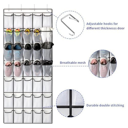 35 Pockets Over the Door Shoe Organizer, Hanging Shoe Organizer for Door with 35 Mesh Pockets Large Capacity Shoe Hanging Storage Bag with 4 Metal Hooks (White-1Pack)