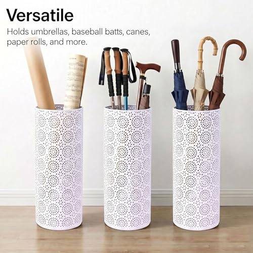 BEWBBAT Umbrella Stand Rack for Entryway, Free Standing Metal Umbrella Holder, Round Umbrella Organizer Bin with 3 Hooks for Long Short Umbrella, Walk Stick, Home Office Indoor, 17 x 7 Inch, White
