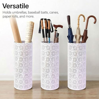 BEWBBAT Umbrella Stand Rack for Entryway, Free Standing Metal Umbrella Holder, Round Umbrella Organizer Bin with 3 Hooks for Long Short Umbrella, Walk Stick, Home Office Indoor, 17 x 7 Inch, White