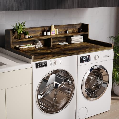 Washer Dryer Countertop, 54" x 27.55" 2-Tier Washer Dryer Topper with Edge, for Laundry Room Organization Rustic Brown
