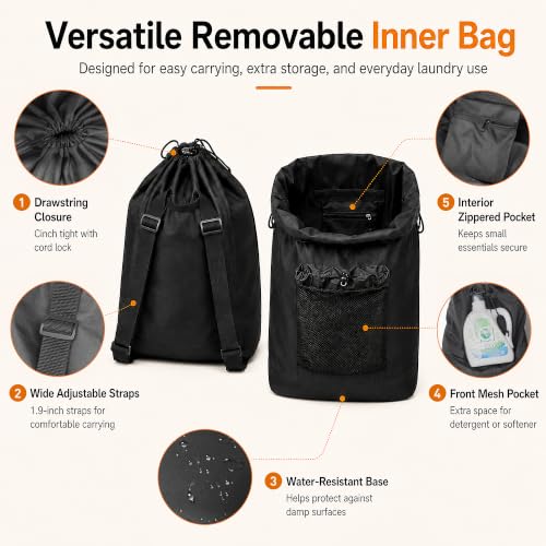 Foluck 60L 2-in-1 Laundry Hamper with Waterproof Laundry Backpack | Versatile Inner Bag with Shoulder Strap, Mesh Pocket, Internal Zippered Pouch, Hamper with Foot Strap and Lid for Dorm Travel