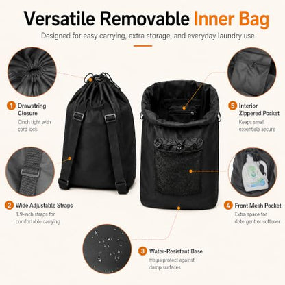 Foluck 60L 2-in-1 Laundry Hamper with Waterproof Laundry Backpack | Versatile Inner Bag with Shoulder Strap, Mesh Pocket, Internal Zippered Pouch, Hamper with Foot Strap and Lid for Dorm Travel