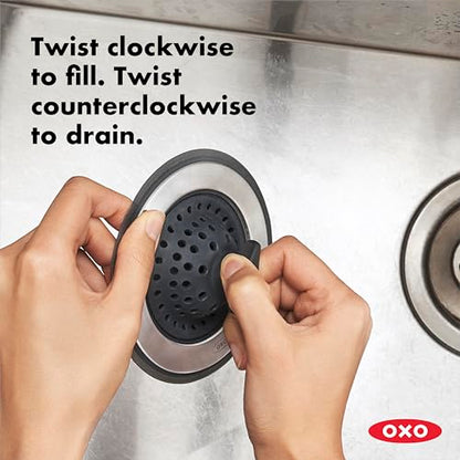 OXO Good Grips 2-in-1 Sink Strainer Stopper, Kitchen Sink Stopper | Catches Debris And Stops Drain, Easy-Lift Tab, Flexible Silicone, Fits Standard Drains, Dishwasher Safe, Kitchen Sink