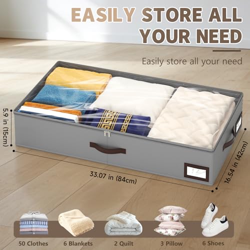 OIAHOMY 2 Pack Under Bed Storage with Handles, Underbed Container for Bedroom & Closet, Fits Beds Higher than 6", Under the Bed Storage for Seasonal Clothes, Blankets & Shoes - Grey