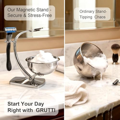 GRUTTI Shaving Bowl and Stand Set with Magnetic Base - 304 Steel Bowl & Chrome-Plated Alloy Stand, All-in-One Storage, Fits Most Razors & Brushes (Bowl & Stand Only)