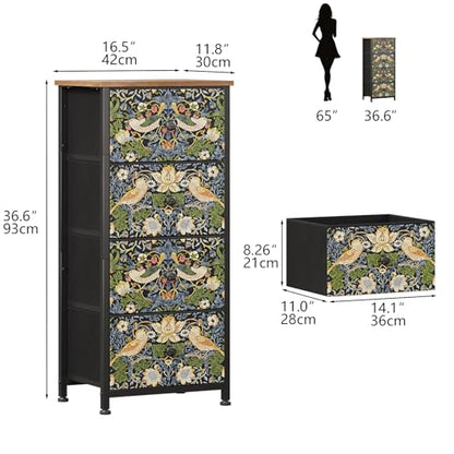Dresser for Bedroom with 4 Drawer Strawberry Thief Dresser Vintage Storage Tower Unit Nightstand for Living Room Hallway Kids Room Closet Sturdy Steel Frame Wooden Top, Brown