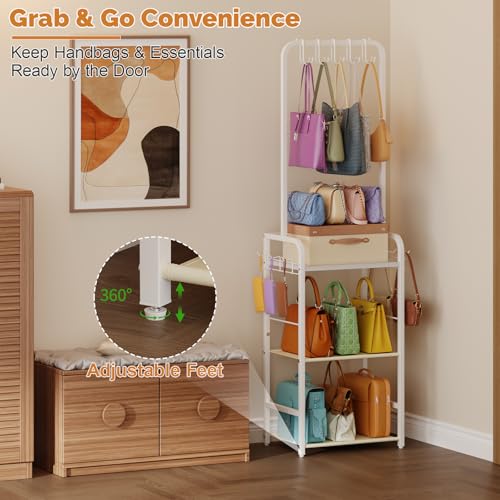 Tall Purse Organizer for Closet with 5 Purse Hanger & 6 Side Hooks, 4 Tier | Floor-Standing Purse Rack Stand for Purse Storage, Narrow & High-Capacity Handbag Organizer, Backpack Storage for Small Place