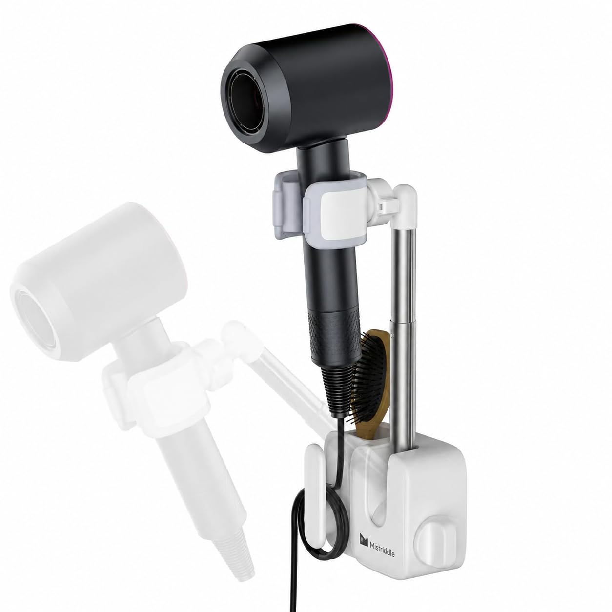 Hands Free Hair Dryer Holder Wall Mount, Anti-Shake Blow Dryer Stand with Storage Slot, Drill-Free Adhesive or Screw Installation, Height & Front-Back Adjustable Arm, Bathroom Organizer(White)