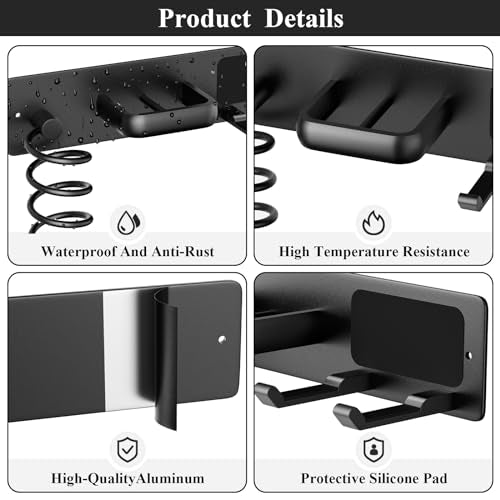 Hair Dryer Holder Wall Mount Aluminum Alloy Hot Tools Organizer | Heavy Duty, Matte Black