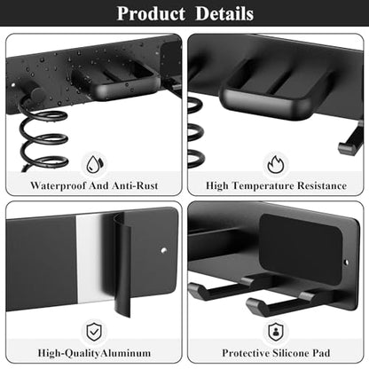Hair Dryer Holder Wall Mount Aluminum Alloy Hot Tools Organizer | Heavy Duty, Matte Black