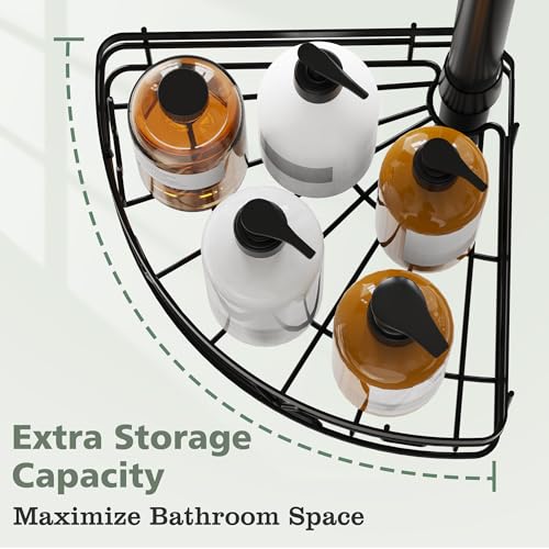 KEGII Corner Shower Caddy Tension Pole, Fan-Shaped Large Capacity Organizer | Towel Bar, Hooks and Razor Holder, Adjustable 52-114.2 inch Rustproof Steel Pole for No Drill Bathroom Storage