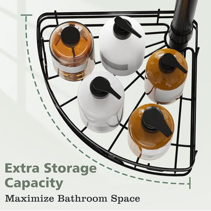 KEGII Corner Shower Caddy Tension Pole, Fan-Shaped Large Capacity Organizer | Towel Bar, Hooks and Razor Holder, Adjustable 52-114.2 inch Rustproof Steel Pole for No Drill Bathroom Storage