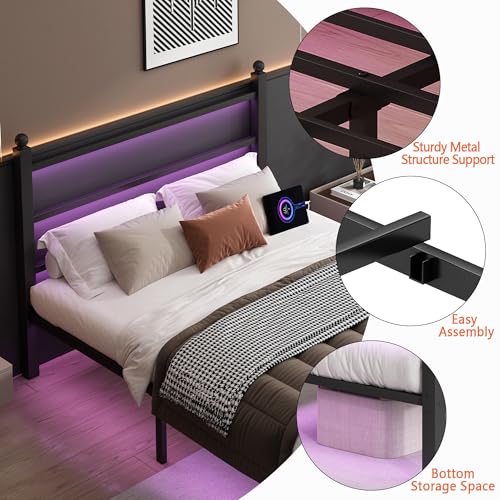 CLIBFENG Full Size Bed Frame with Headboard and Footboard,Steel Slats Support-LED Bed Frame with Charging Station,Mattress Foundation-Under Bed Storage, No Box Spring Needed,Noise Free,Black