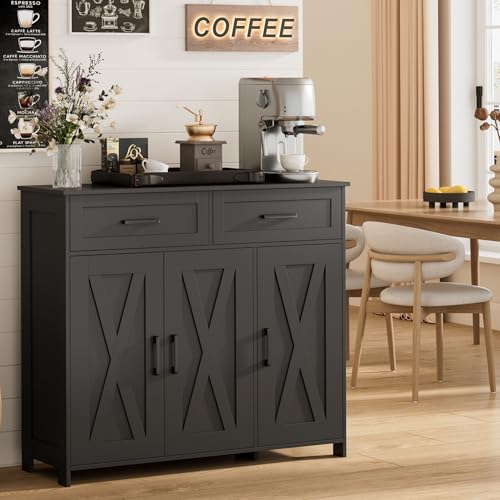 Homhedy Coffee Bar Storage Cabinet with Drawers, Kitchen Buffet Cabinet | Sideboard Cabinet with Doors, Farmhouse Buffet Cabinet, Adjustable Shelves, for Kitchen / Dining / Living Room, Black
