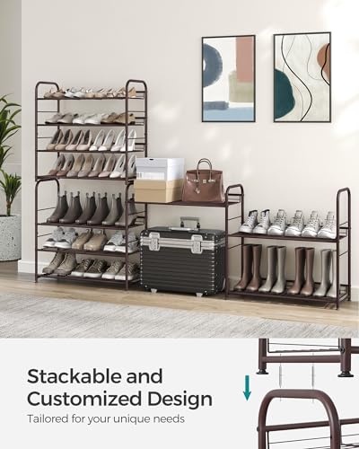 SONGMICS Stackable Shoe Rack, 4 Tier Metal Shoes Rack Storage Shelf, Holds up to 16 Pairs Shoes, Adjustable Slanted Shelves Tower Organizer for Closet Entryway Small Spaces, Bronze