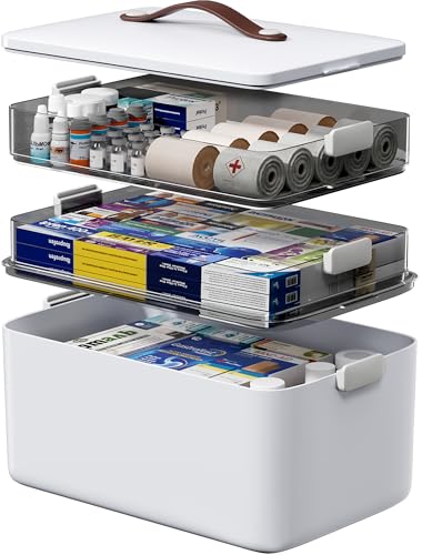Medicine Organizer Box, 3-Tier | 3-tier medicine storage organizer with smoke-clear trays, side latches and a leather-style carry handle for home storage.