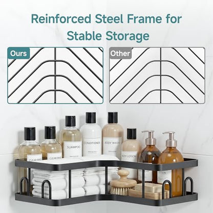 Veken Corner Shower Caddy 3-Pack, Advanced Rustproof Design&Stable Storage | No Drilling Adhesive Shelves, Rack with Soap Holder & Hooks, Thickened Metal Frame, Bathroom Organizers and Storage, Blac