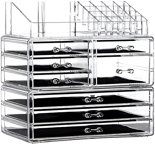 Cq Acrylic 3 Pack Clear Make Up Organizers - Stackable 8 Drawer Organizer for Vanity, Desk, Jewelry, Beauty & Skincare Products