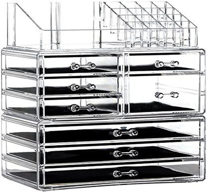 Cq Acrylic 3 Pack Clear Make Up Organizers - Stackable 8 Drawer Organizer for Vanity, Desk, Jewelry, Beauty & Skincare Products