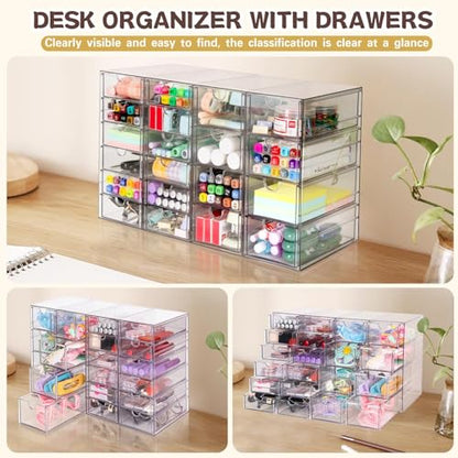 VZKAH Clear Acrylic Desk Organizer with 20 Drawers, 4 Modular Units | 4-piece clear drawer set for office supplies, crafts, makeup, and small daily items on desks, vanities, counters