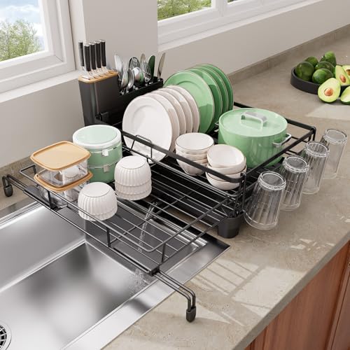 Dish Drying Rack - Expandable Large Dish Rack Over... (Black | Carbon Steel)