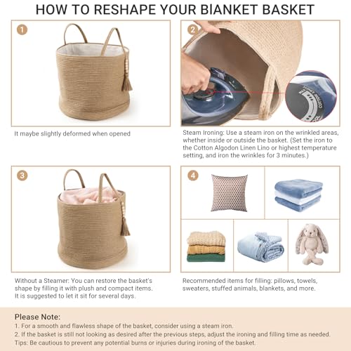 Mkono Woven Storage Basket for Blanket, Toys Plant Organizer, 16"W x 13.8"L | Brown, Jute, Decorative Basket with Handle, Wood Beads Tassel, Shoes Towel Clothes Storage Bin, Living Room Bedroom Nursery