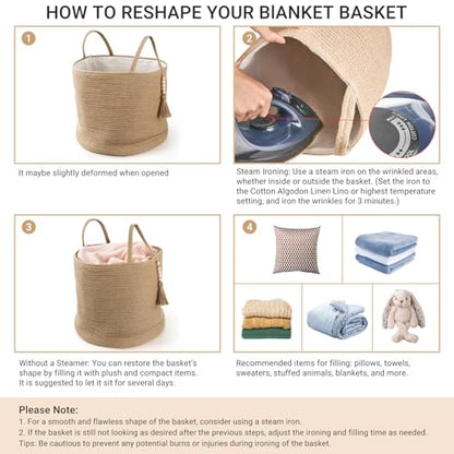 Mkono Woven Storage Basket for Blanket, Toys Plant Organizer, 16"W x 13.8"L | Brown, Jute, Decorative Basket with Handle, Wood Beads Tassel, Shoes Towel Clothes Storage Bin, Living Room Bedroom Nursery
