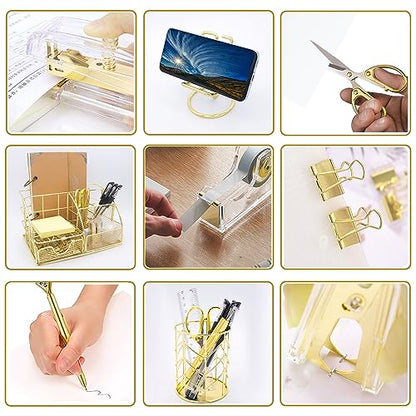 Office Desk Organizers, Gold 13PCS Office Supplies and Accessories Desk Organizer, Acrylic Stapler, Staple Remover, Clips, Scissor, Phone Holder, Pen, Pen Holder
