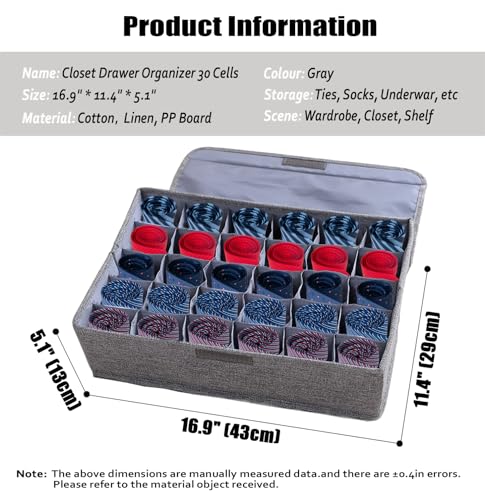 AARAINBOW Underwear Socks Ties Storage Organizer with Lids Foldable Closet Drawer Organizer 30 Cells, Fabric Wardrobe Divider Storage Box for Scarves and Lingerie (30 Cell, Gray)