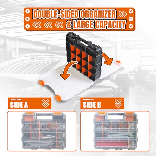 Jack Boss Tool Box with Transparent Lid, Double Side 34-Compartments Organizer Box with Removable Dividers for Hardware, Screws, Bolts, Nails, Beads, Jewelry and Fishing Accessories, Orange, 2 Pack