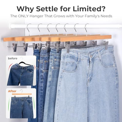 HOUSE DAY Wooden Pants Hangers with Clips, 10 Pack Skirt Hangers, Natural | 14-Inch Wood Hangers with Adjustable Non-Slip Metal Clips & 360° Swivel Hooks, Heavy Duty for Jeans, Slacks, Trousers, Shorts