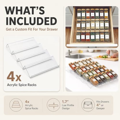 Acrylic Spice Drawer Organizer 4 PK, Expandable 13"-26" Acrylic Spice Rack for Drawer Seasoning Organizer Tray, Shelf Stackable 4-Tier Herb Jar Rack Insert for Kitchen Cabinet, Herb Jars Not Included