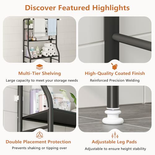 UDEAR 3-Tier Over The Toilet Rack,with Hanging Rod,Tower Shelf,Black | Toilet Towel Rack, Three-layer Iron Plate, Suitable for Bathrooms