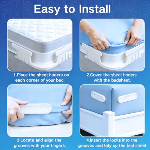 Bed Sheet Holders for Corners, 4Pcs White Fitted Sheet Clips | Heavy Duty Sheet Locks Keep Sheets Tight & Firm, Easy Install Fasteners Fit All Mattress Sizes