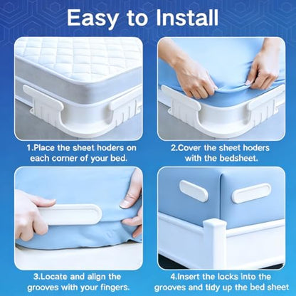 Bed Sheet Holders for Corners, 4Pcs White Fitted Sheet Clips | Heavy Duty Sheet Locks Keep Sheets Tight & Firm, Easy Install Fasteners Fit All Mattress Sizes
