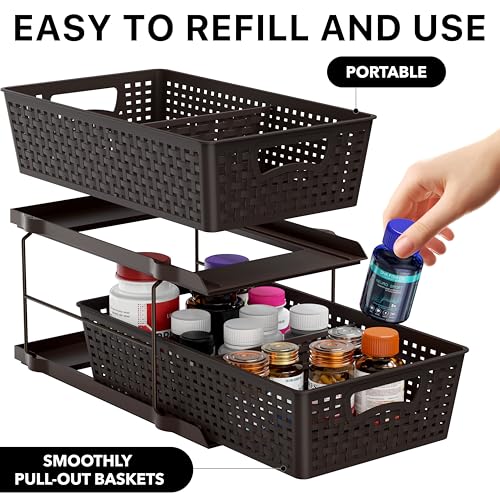 Simple Houseware 2 Tier Pull-Out Sliding Drawer Under Sink Storage, Brown | Great for Kitchen Bathroom Tray Shelf Organizer