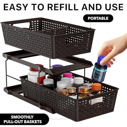 Simple Houseware 2 Tier Pull-Out Sliding Drawer Under Sink Storage, Brown | Great for Kitchen Bathroom Tray Shelf Organizer