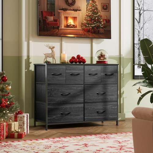 WLIVE Wide Dresser for Bedroom, 8 Drawer Chest of Drawers, Black Wood Grain | 8 roomy fabric drawers, Wide storage design, Bedroom or closet use, Sturdy steel frame, Smooth wood tabletop