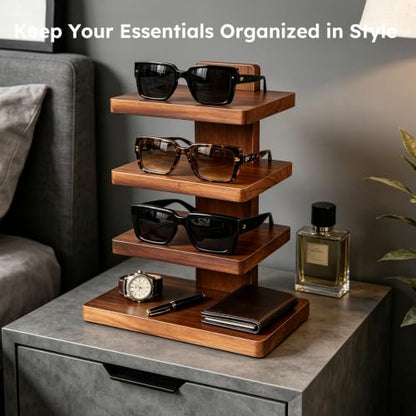 Wooden Eyeglass Organizer, 4-Tier Sunglasses Display Stand for Men | Desktop Glasses Holder with Storage Base, Modern Eyewear Organizer for Dresser, Nightstand & Office