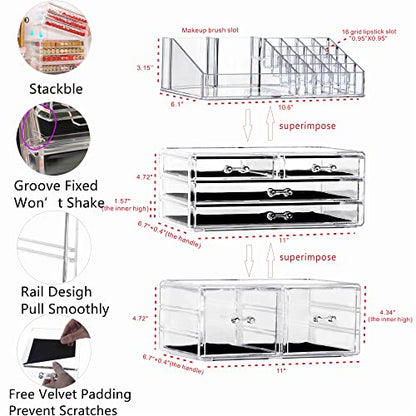 Cq acrylic 3 Pack Clear Makeup Storage Organizer,Stackable 6 Drawers Make Up Organizers,Cute Desk Organizer for Vanity Jewelry,Hair Clip,Beauty,Skincare Product Bathroom Counter Organizers and Storage