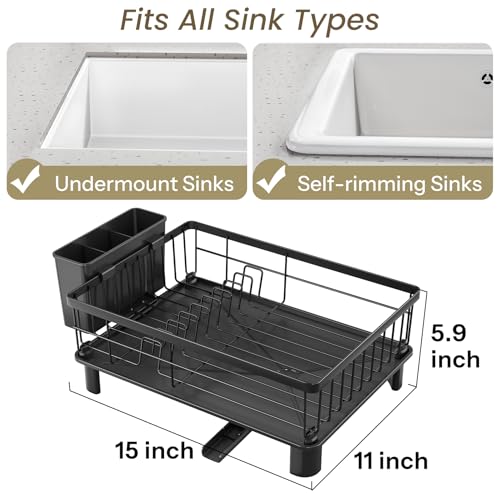 SNTD Dish Drying Rack for Small Kitchen Counter | Space Saving, Rotating Spout & Angled Drainboard for Quick Drainage, Stainless Steel, Removable Utensil Holder