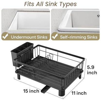 SNTD Dish Drying Rack for Small Kitchen Counter | Space Saving, Rotating Spout & Angled Drainboard for Quick Drainage, Stainless Steel, Removable Utensil Holder